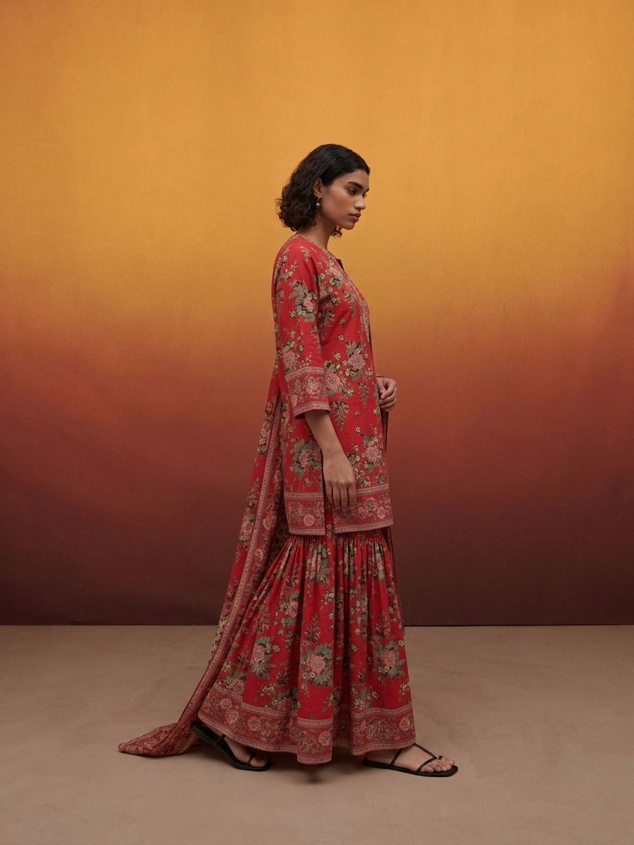 Printed Cotton Dupatta Set With Sharara