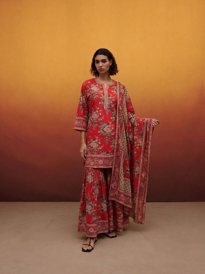 Printed Cotton Dupatta Set With Sharara