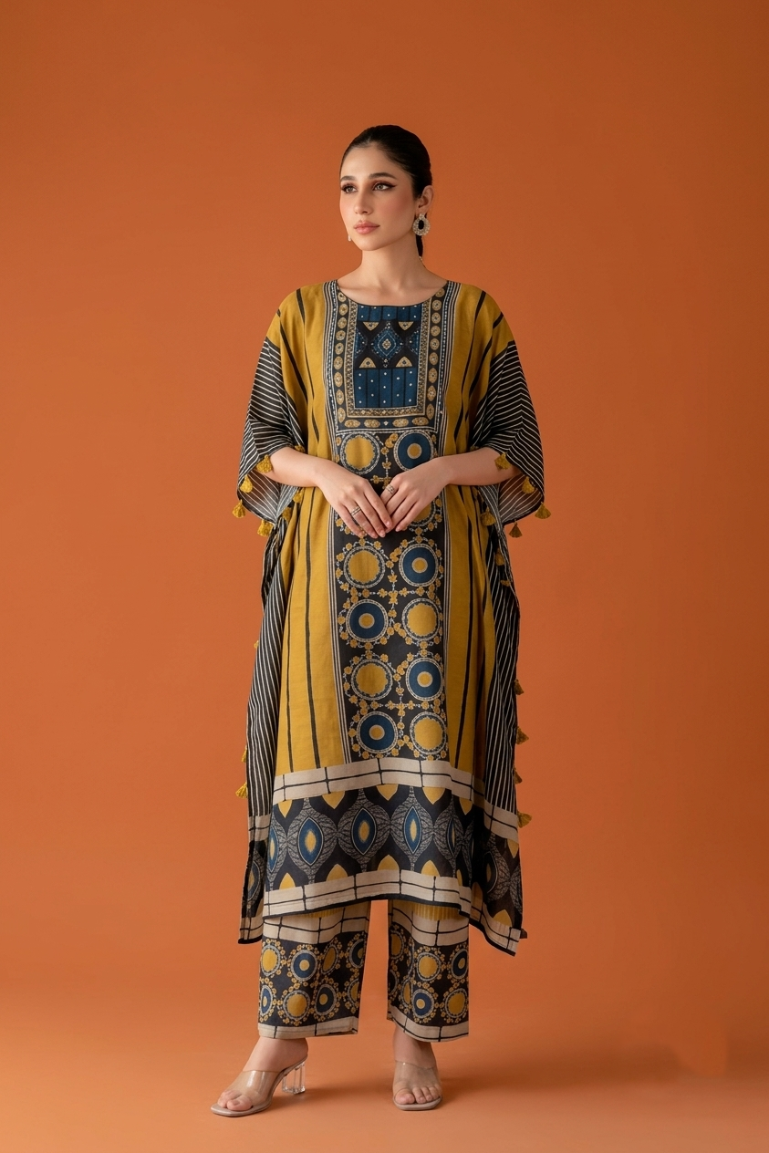 Printed Kaftan Set In Muslin Fabric MK0036