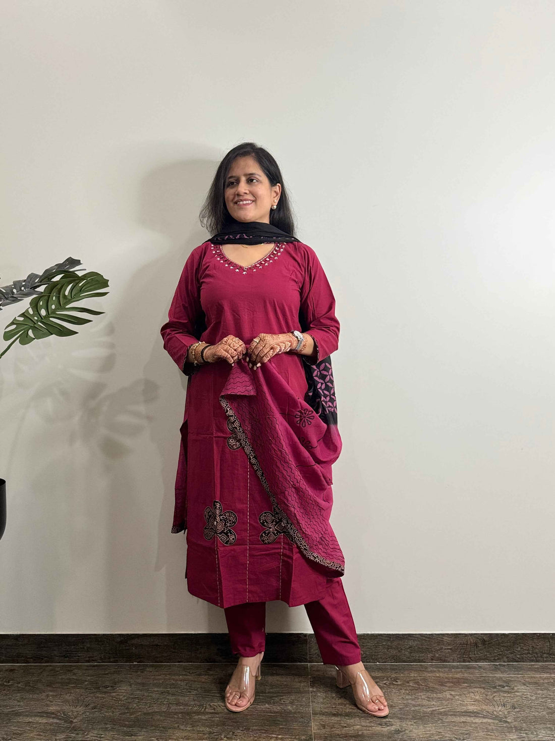 Ajrakh Print Pure Cotton Applique Work Suit. ( Deep Blue )