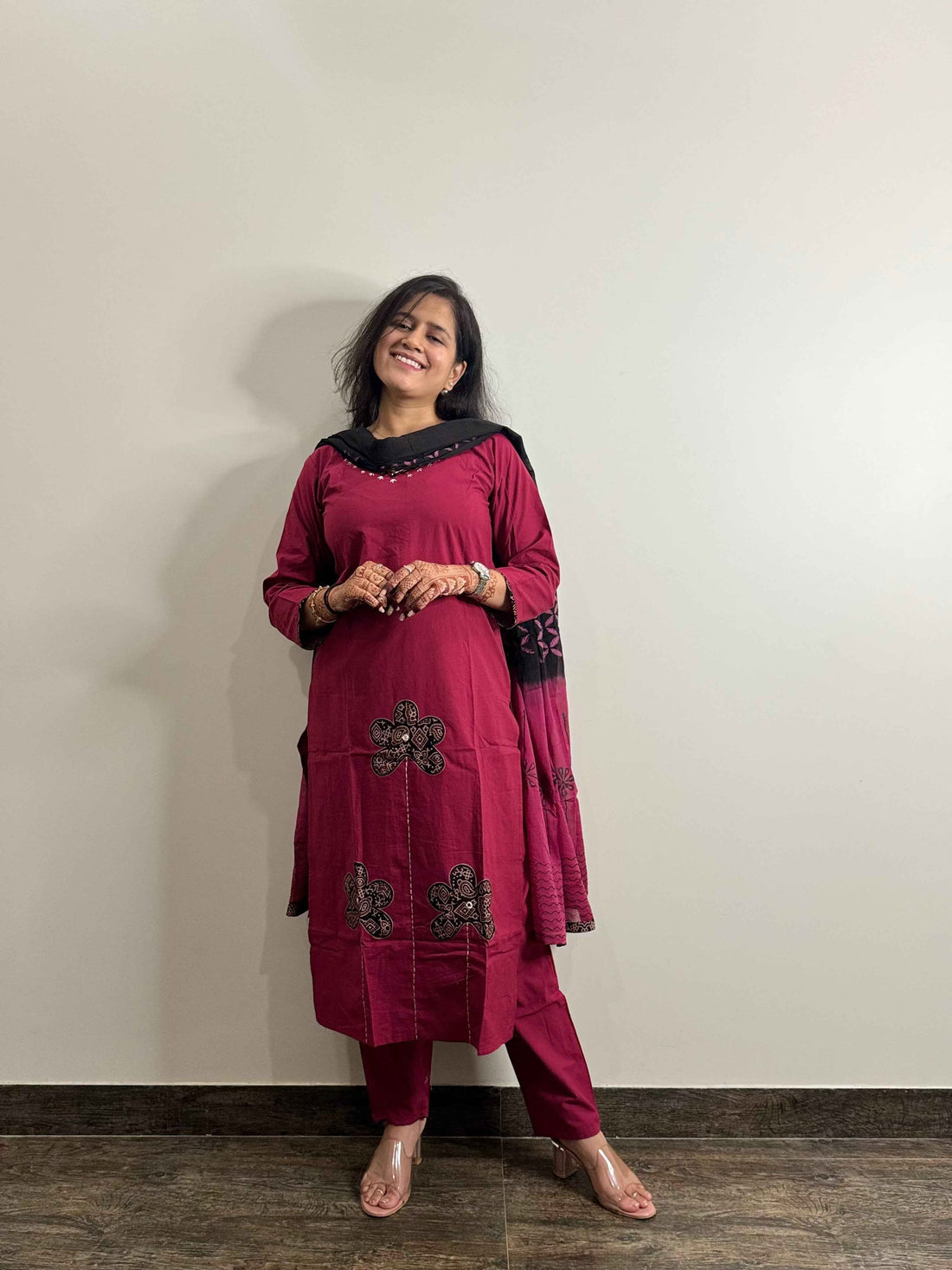 Ajrakh Print Pure Cotton Applique Work Suit. ( Deep Blue )