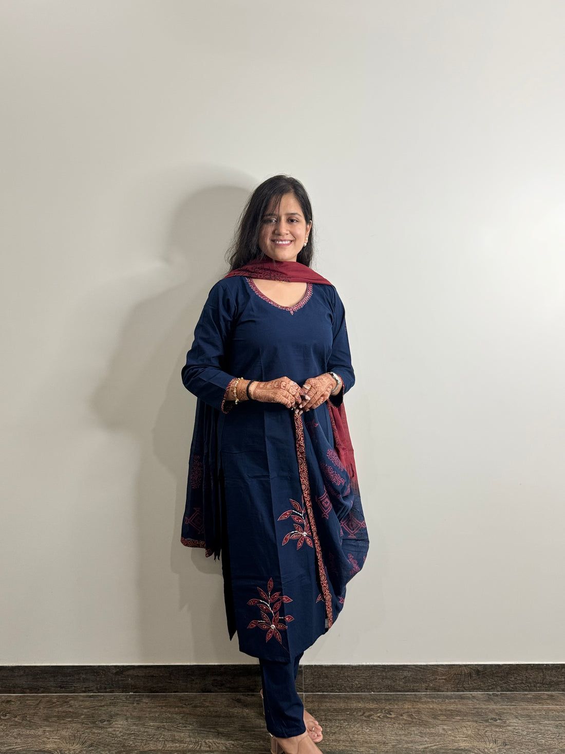 Ajrakh Print Pure Cotton Applique Work Suit. ( Deep Blue ) CS0119