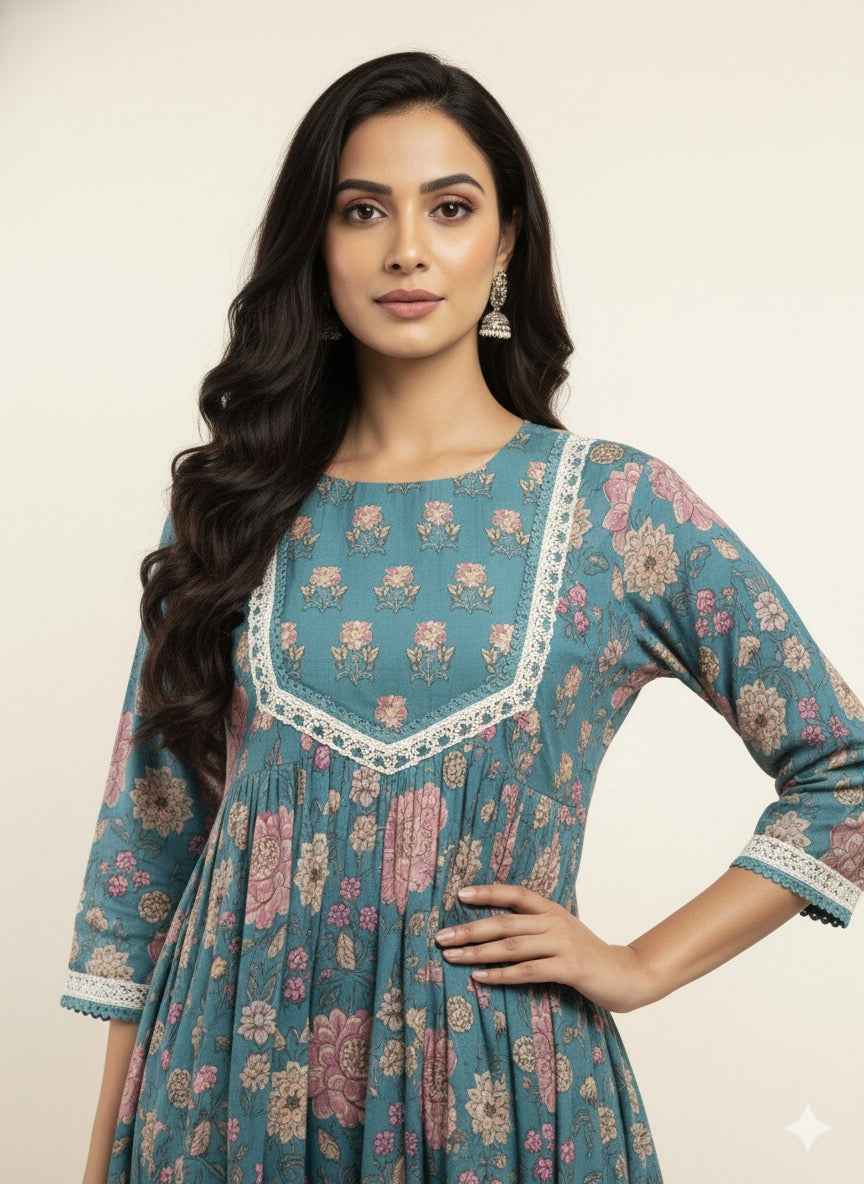 Pure Cotton floral print anarkali Dupatta Set ANK025