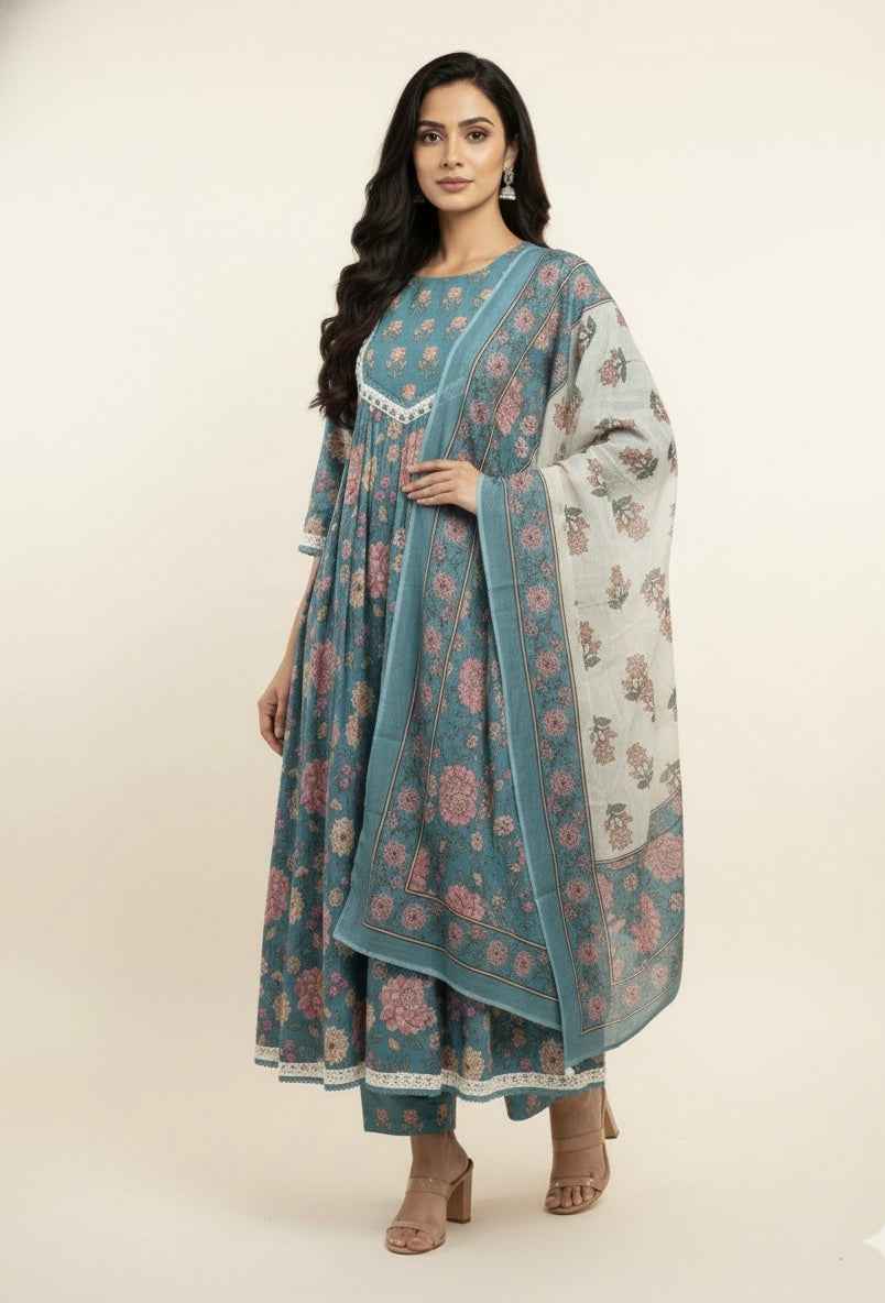 Pure Cotton floral print anarkali Dupatta Set ANK025
