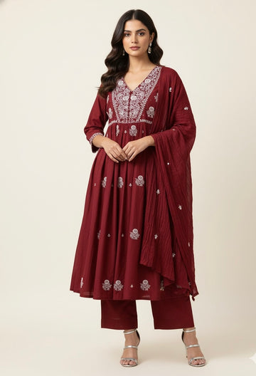 Pure Cotton A Line Dupatta Set With Embroidery Work CSO90