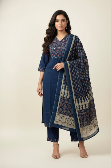 Pure Cotton V Neck Dupatta Set CS042