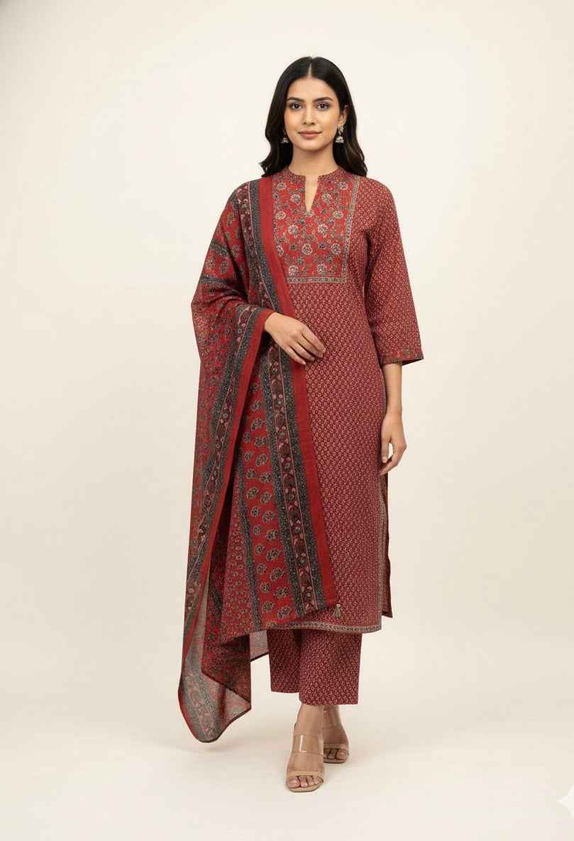 Pure Cotton Three Piece Dupatta Set With Palazzo CS0269