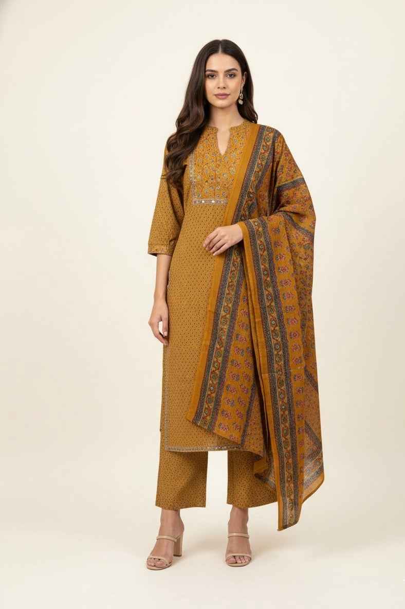 Pure Cotton Three Piece Dupatta Set With Palazzo CS0269