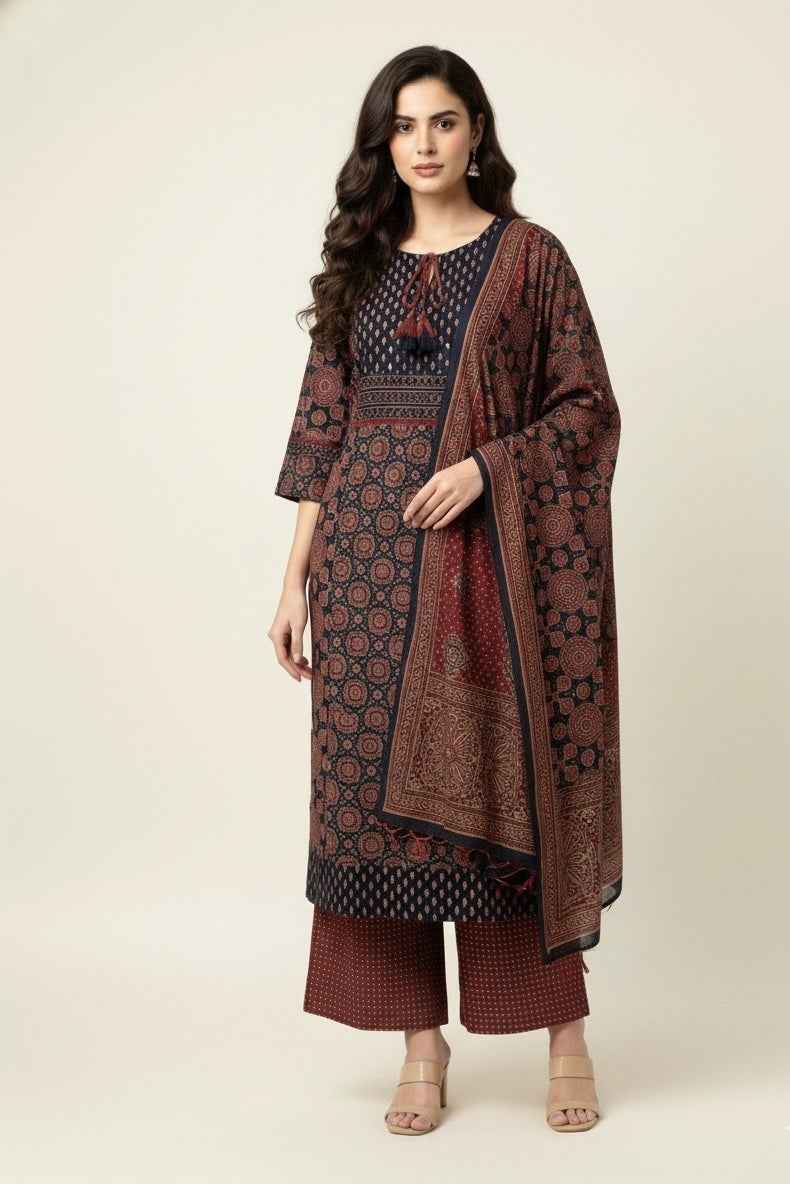 Pure Cotton Ajrakh print Dupatta Set With Palazzo CS0273