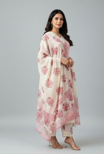 Zic Zac Print Pure Cotton Lace Work Dupatta Set CS035