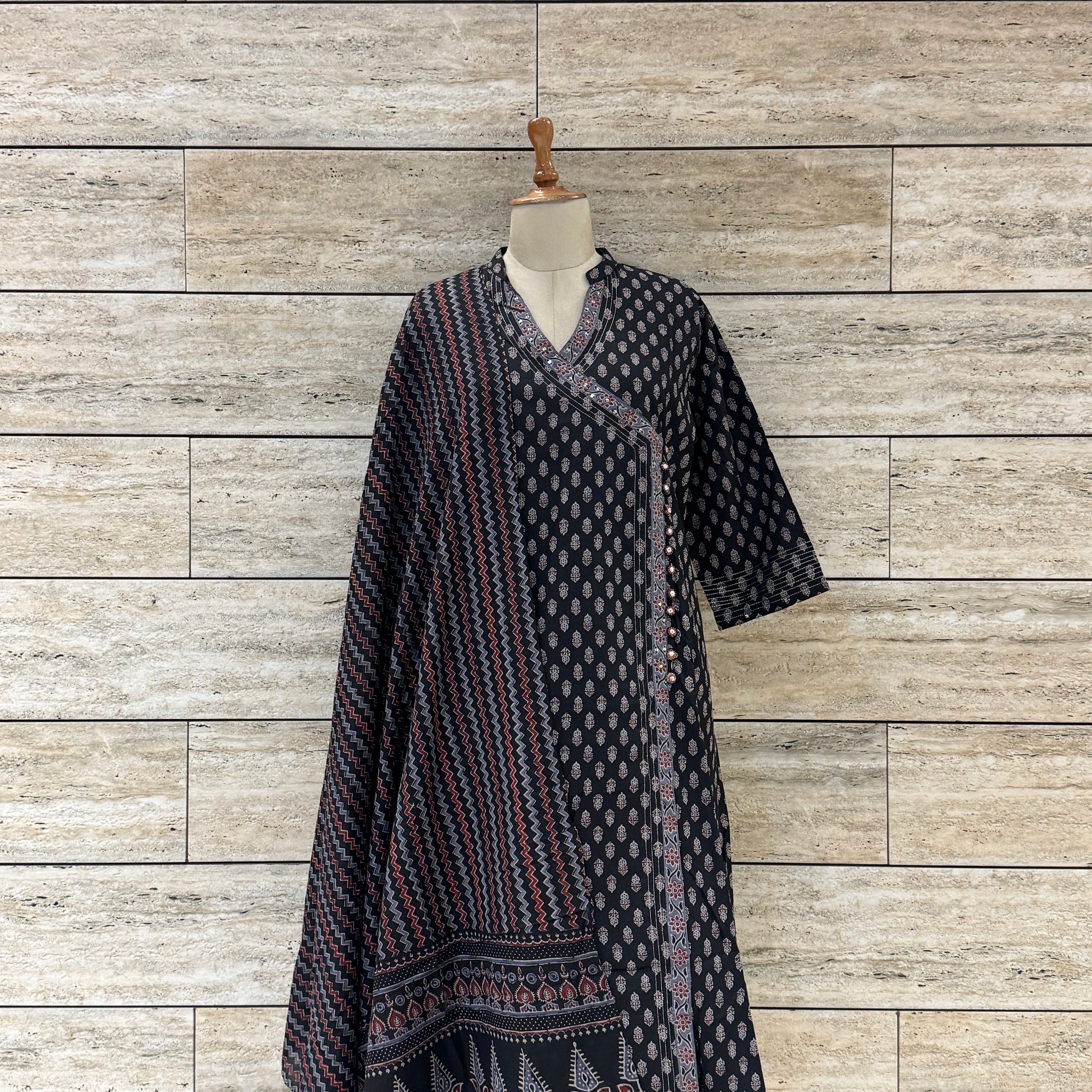 Three Piece Pure Cotton Angrakha Style Dupatta Set  LC094