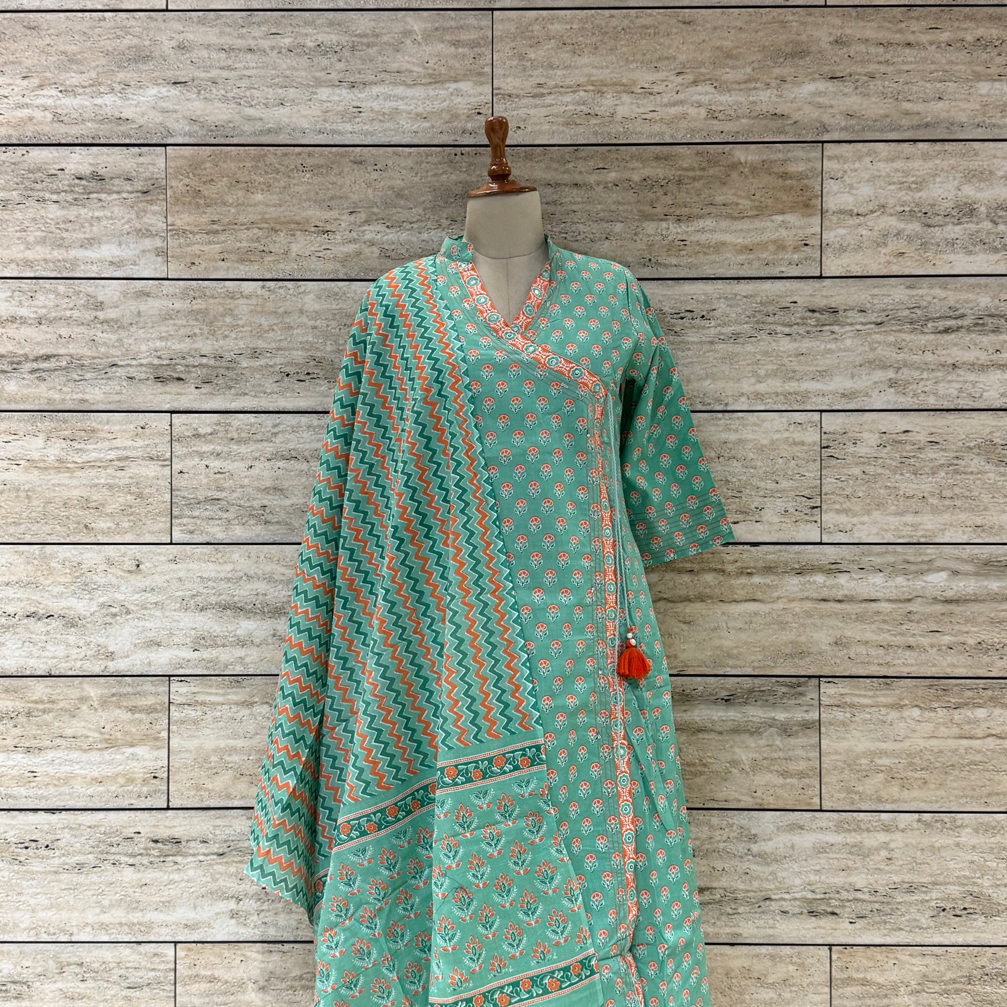 Three Piece Pure Cotton Angrakha Style Dupatta Set LC093