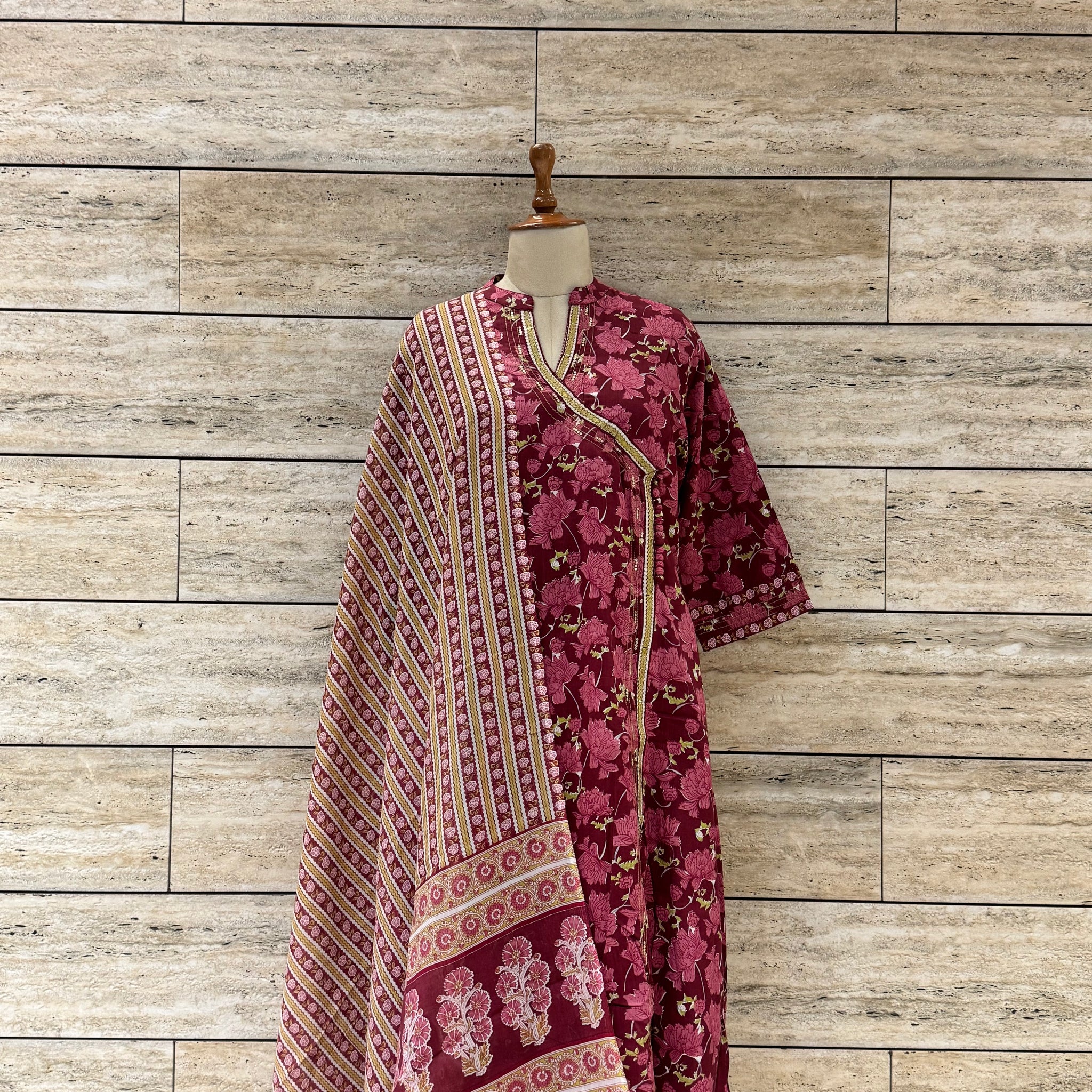 Three Piece Pure Cotton Angrakha Style Dupatta Set  FL0149