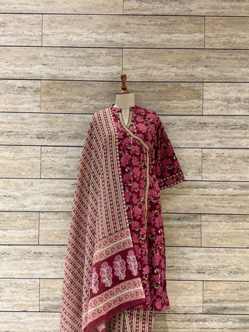 Three Piece Pure Cotton Angrakha Style Dupatta Set  FL0149