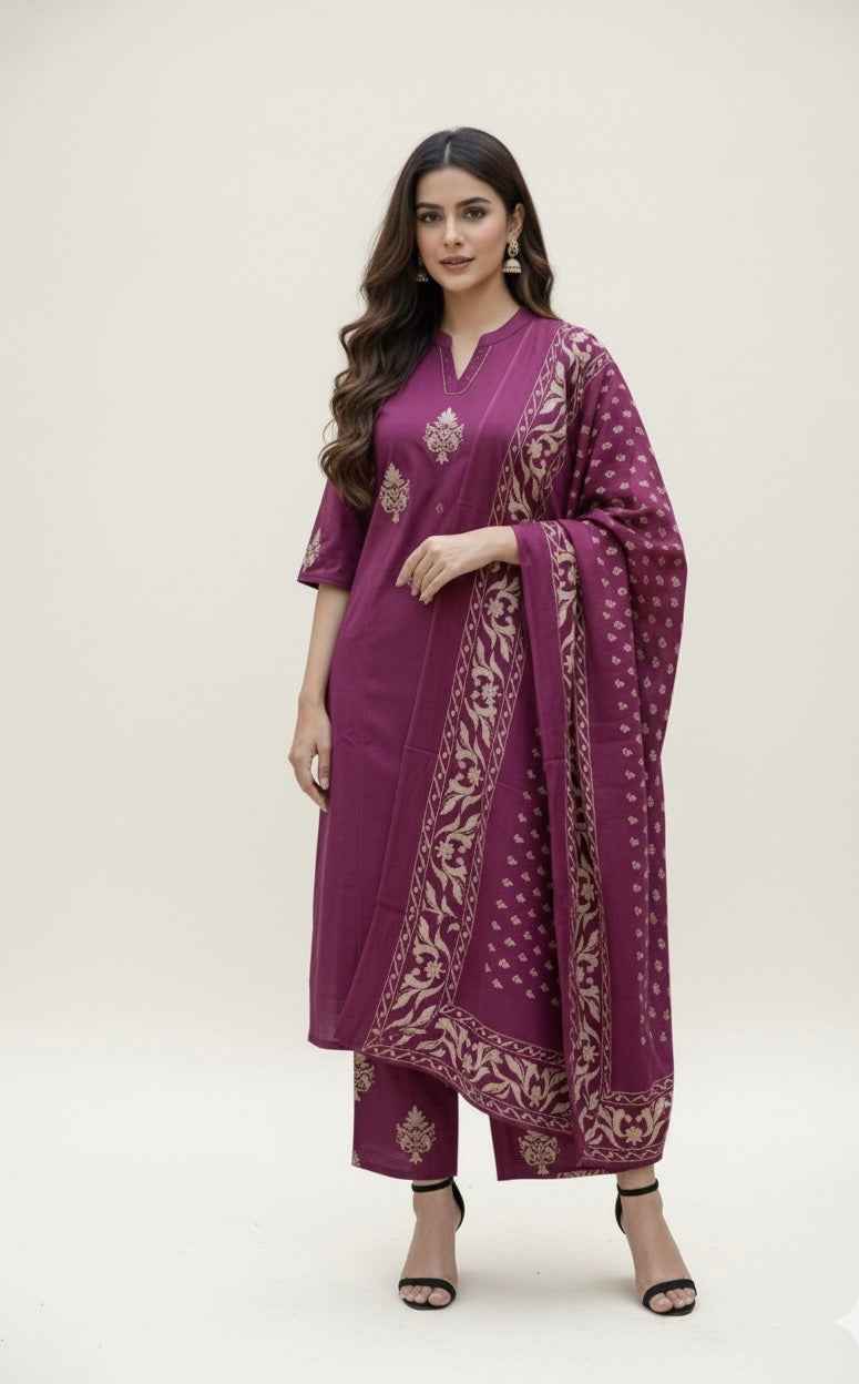 Pure Cotton Three Piece Dupatta Set With Applique Work