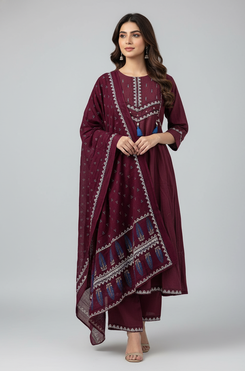 Pure Cotton Solid Base Ajrakha Print Dupatta Set CS053
