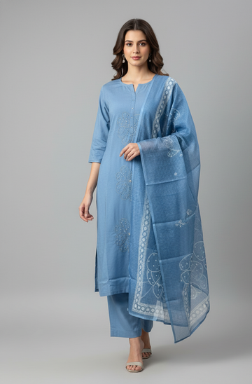 Soft Cotton Silk Kota Doriya Dupatta Set With Handwork  - FL046