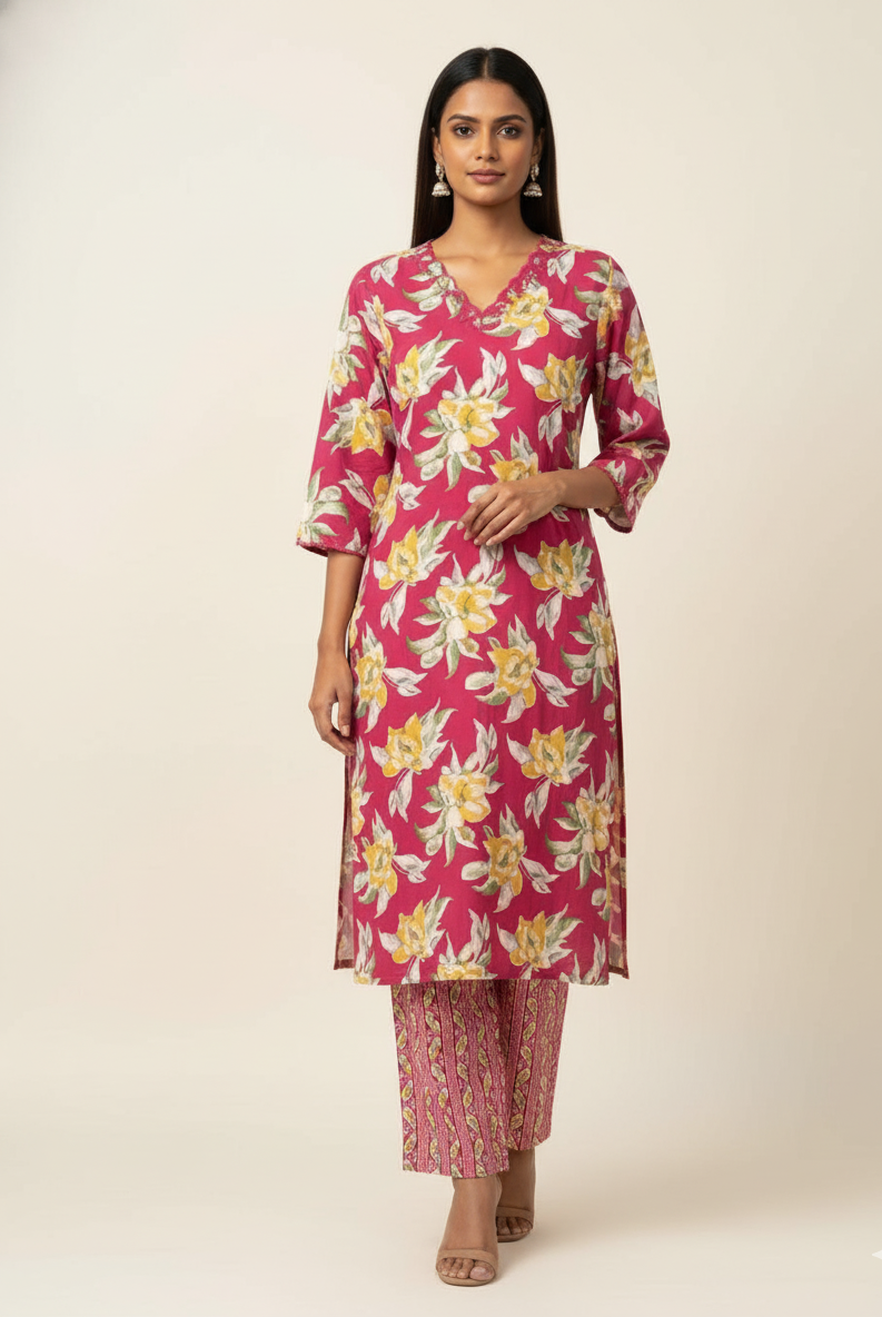 Pure Cotton Floral Print Two Piece Pant Set