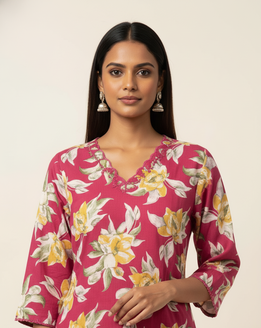 Pure Cotton Floral Print Two Piece Pant Set