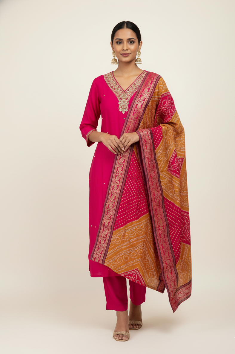 Pure Muslin Bandhej Dupatta Set With Embroidery Work