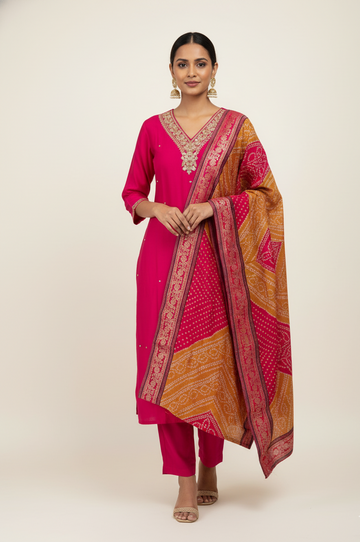 Pure Muslin Bandhej Dupatta Set With Embroidery Work