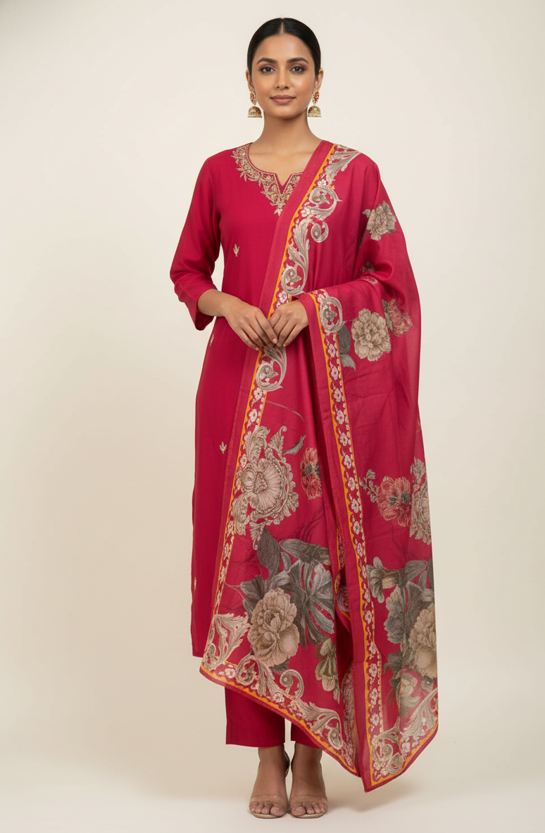 Festive Wear Pure Muslin Dupatta Set With Embroidery