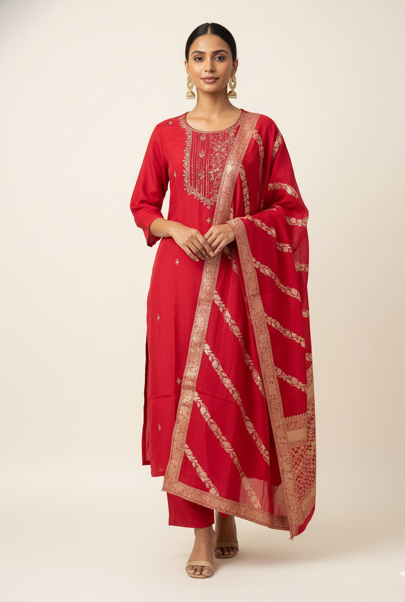 Festive Wear Pure Muslin Dupatta Set With Embroidery