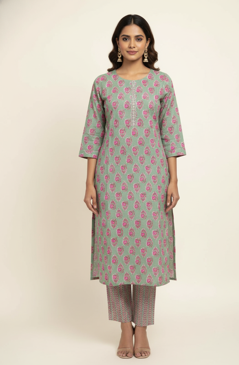 Pure Cotton Floral Print Two Piece Pant Set PS050