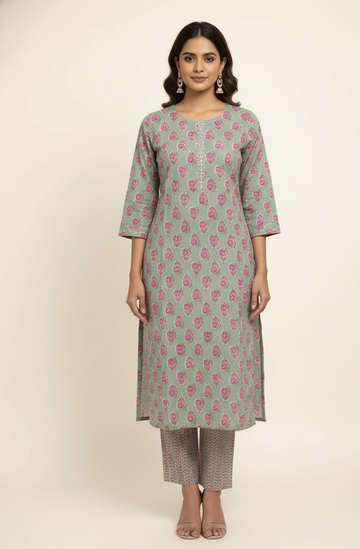 Pure Cotton Floral Print Two Piece Pant Set PS050