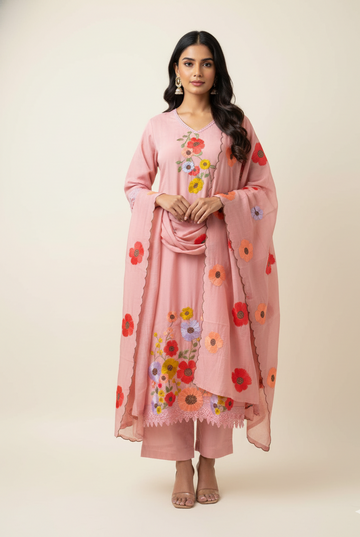 Premium Mul Chanderi with Embroidery Dupatta Set MLC021