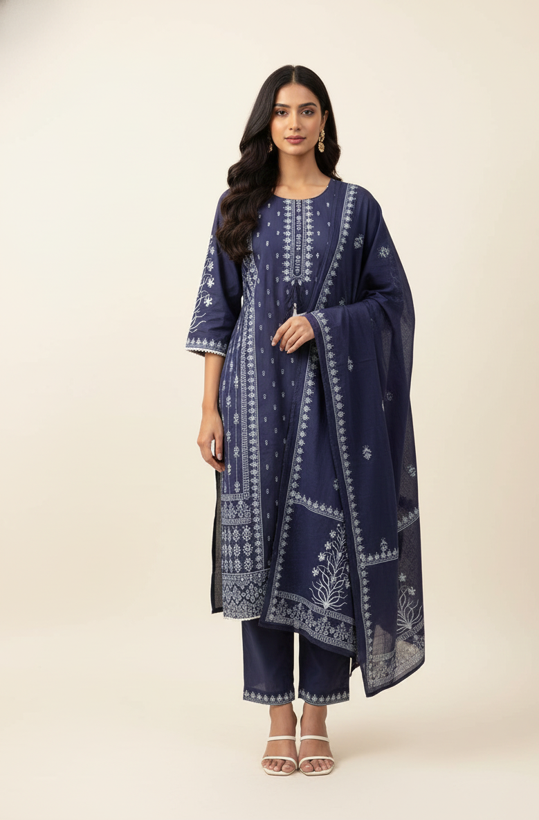 Pure Cotton Three Piece Dupatta Set With Embroidery Work CS0196