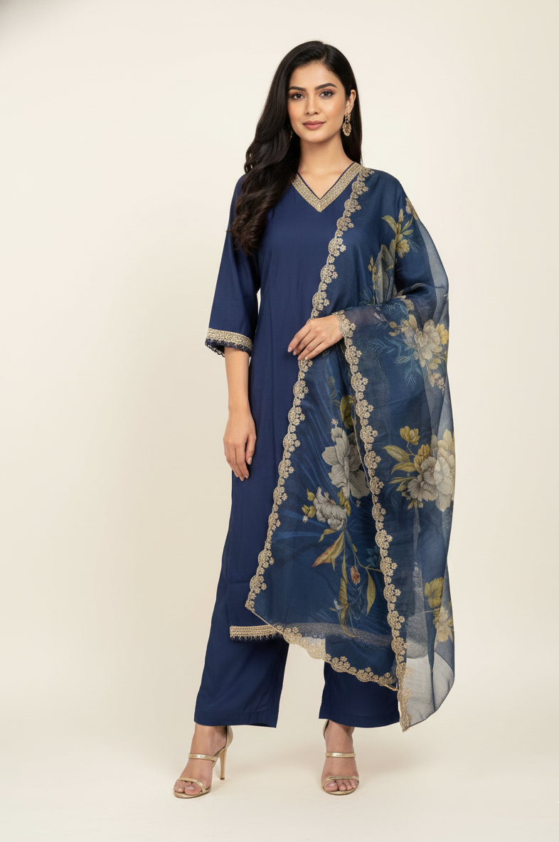 Pure Muslin Suit With Floral Organza Dupatta FW059