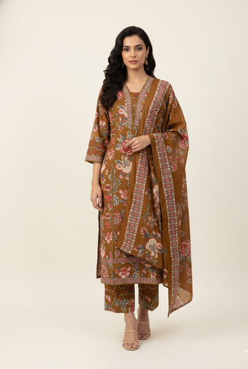 Pure Cotton Three Piece Dupatta Set With Embroidery Work   FL0173