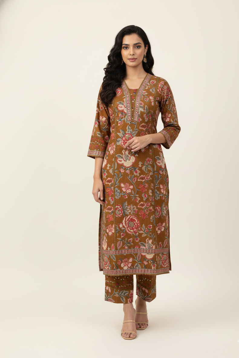 Pure Cotton Three Piece Dupatta Set With Embroidery Work   FL0173