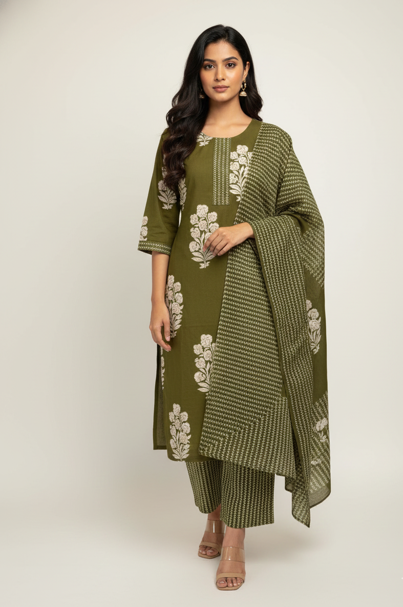 Pure Cotton  Floral Print Dupatta Set