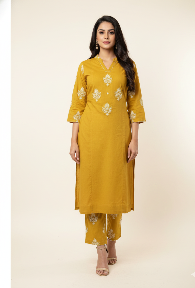 Pure Cotton Three Piece Dupatta Set With Applique Work