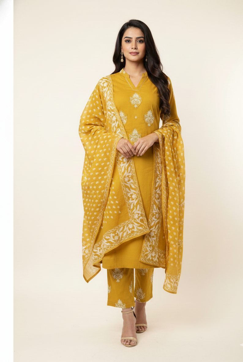 Pure Cotton Three Piece Dupatta Set With Applique Work