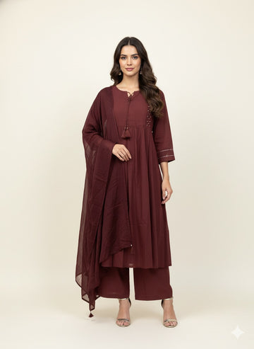 Pure cotton A line Solid Dupatta set with embroidery CS0279