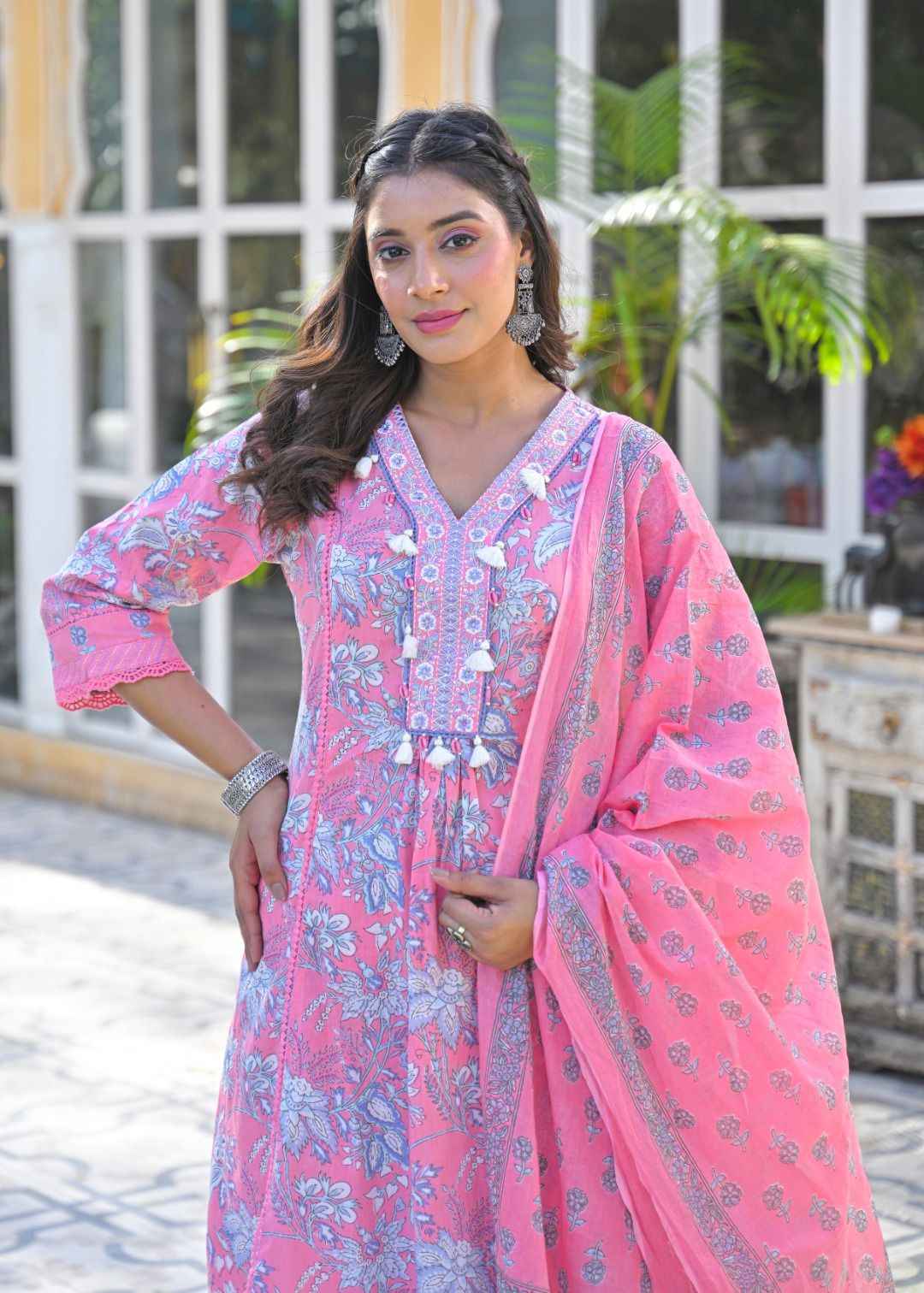 Pure Cotton A Line Floral Print Dupatta Set With Plazzo