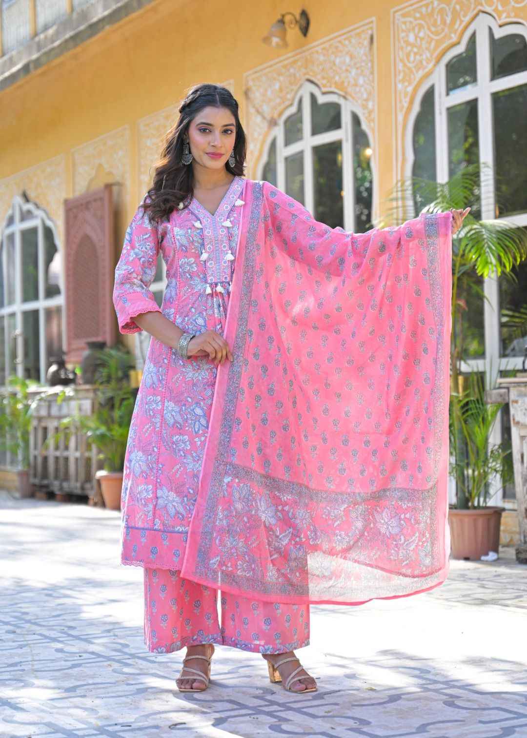 Pure Cotton A Line Floral Print Dupatta Set With Plazzo