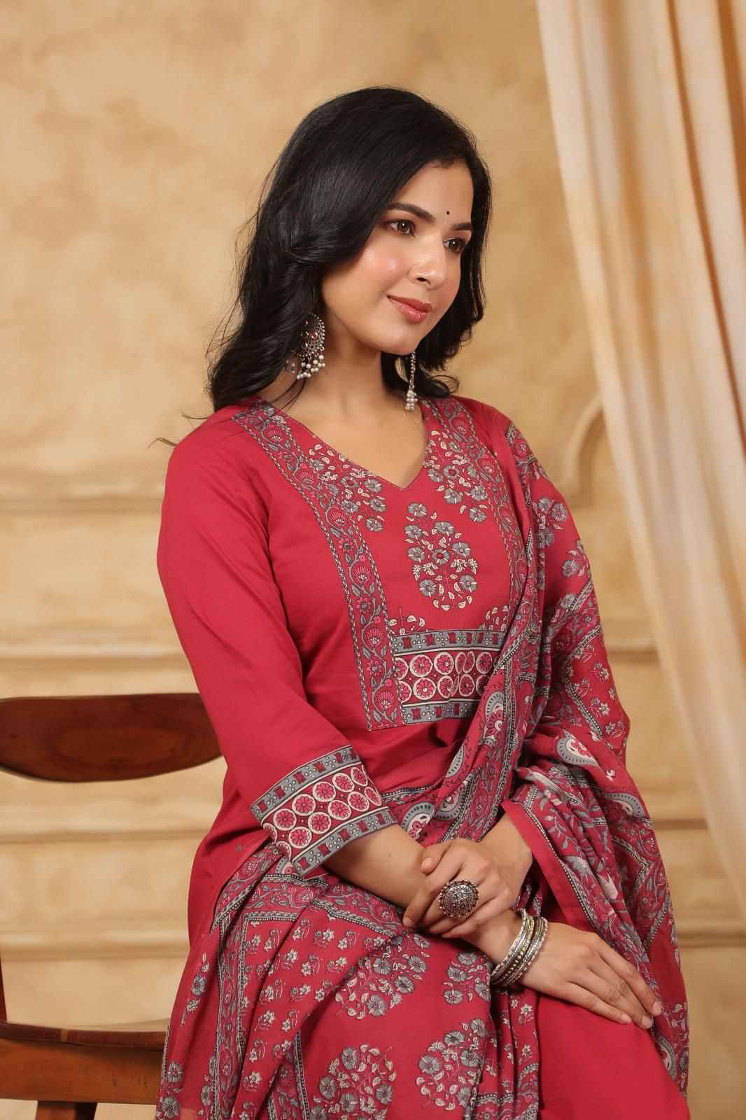 Pure Cotton Hand Block Dupatta Set