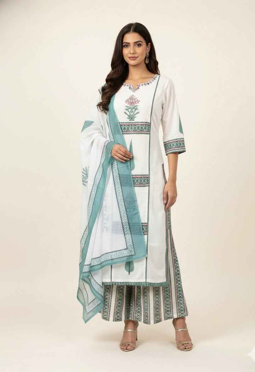 Pure Cotton Three Piece Dupatta Set With Plazzo with inner CS0286
