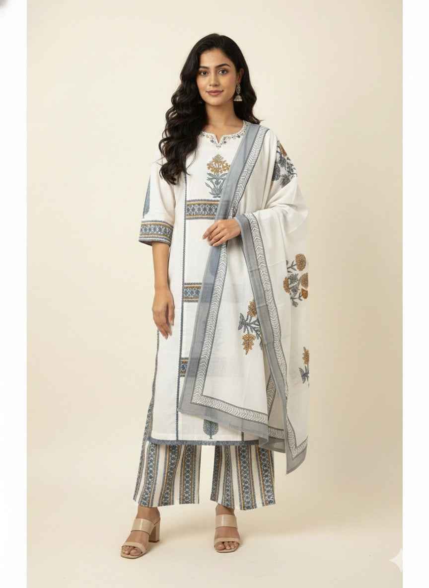 Pure Cotton Three Piece Dupatta Set With Plazzo with inner CS0286