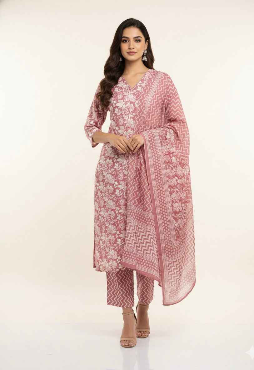 Pure Cotton Three Piece Dupatta Set  CS0294