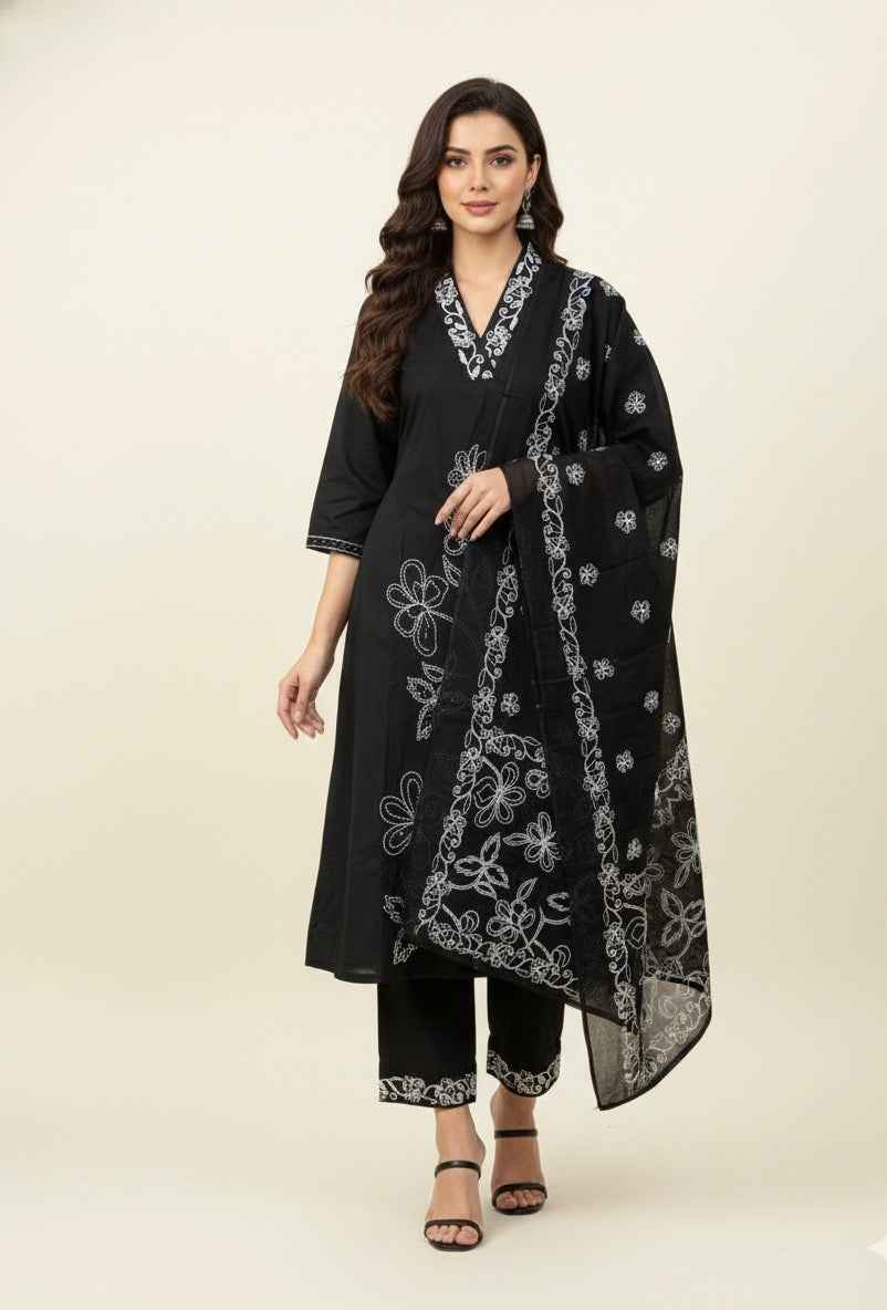 Pure Cotton A Line Three Piece Dupatta Set