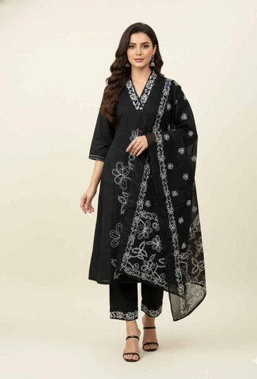 Pure Cotton A Line Three Piece Dupatta Set