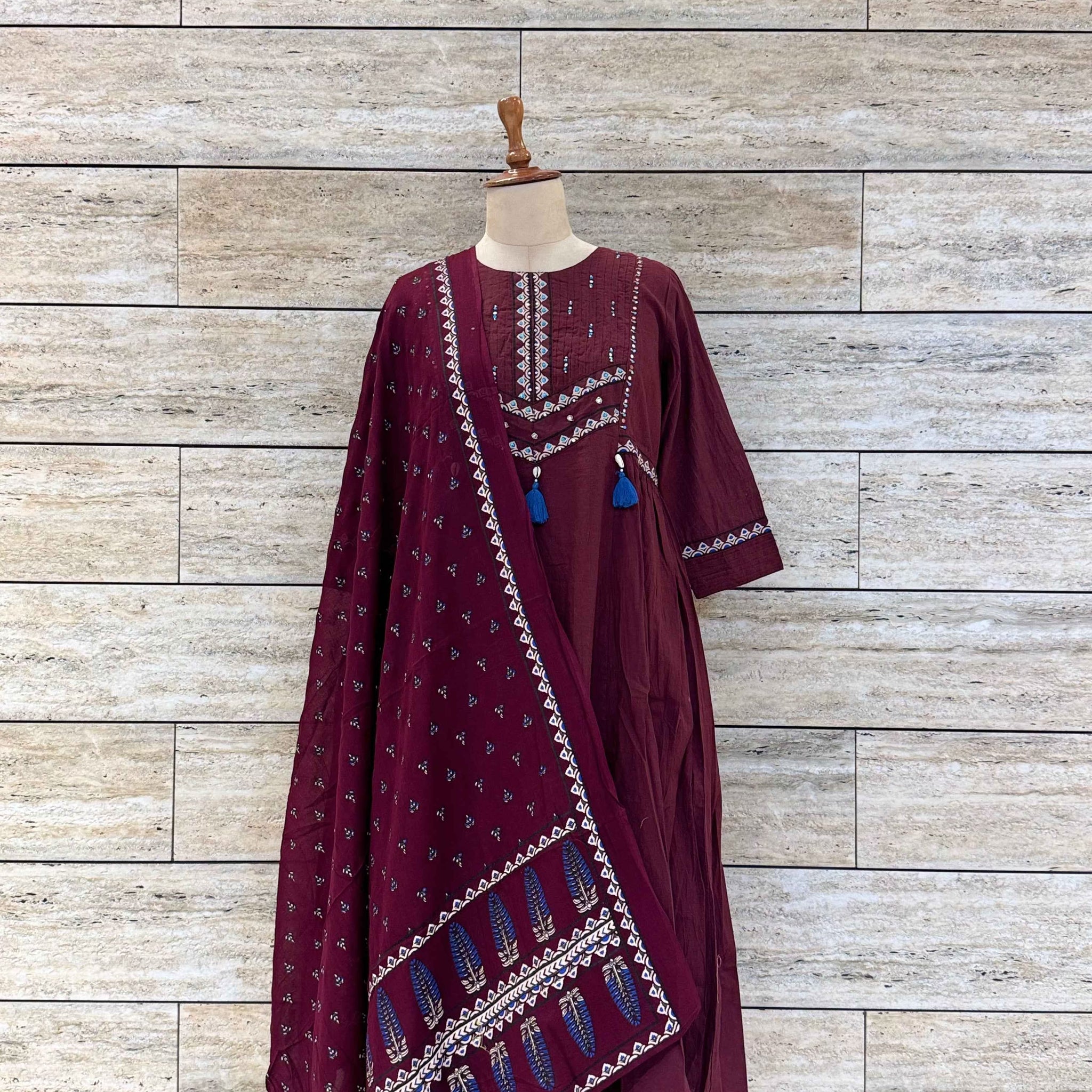 Pure Cotton Solid Base Ajrakha Print Dupatta Set