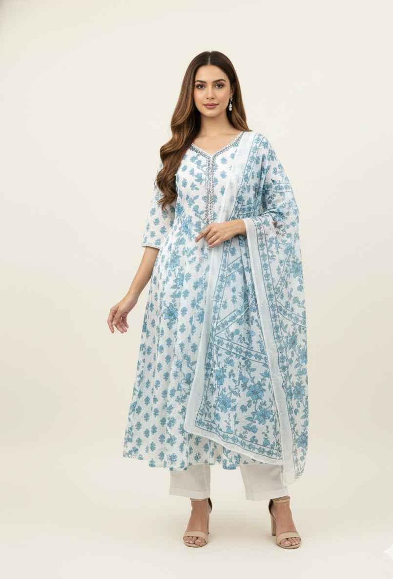 Premium Mul Cotton A Line Anarkali Dupatta Set