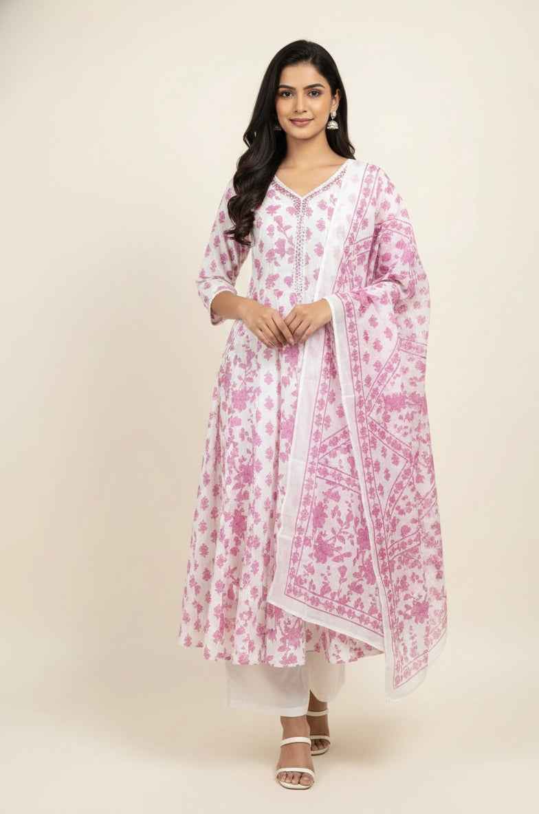 Premium Mul Cotton A Line Anarkali Dupatta Set