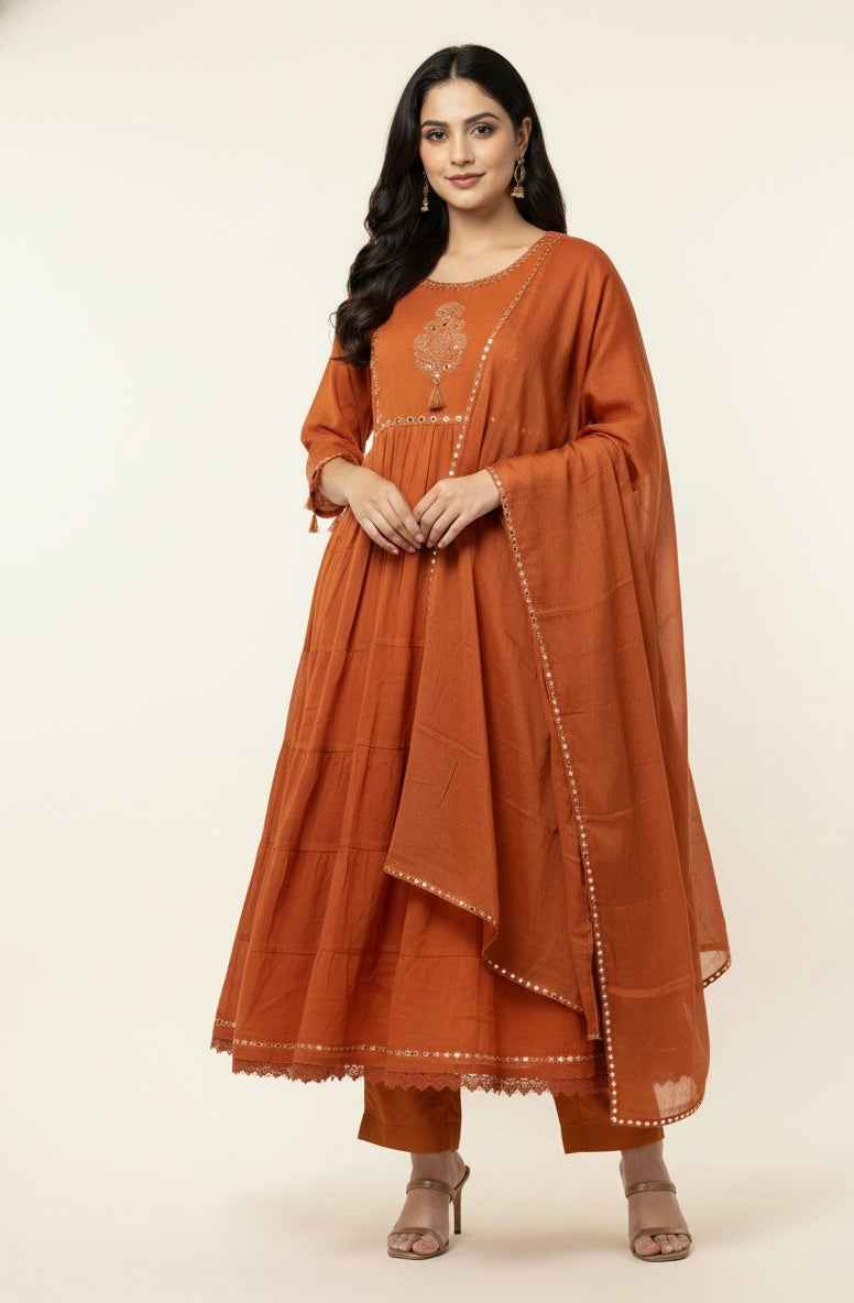 Pure Mul Cotton A Line Anarkali Dupatta Set With Embroidery Work